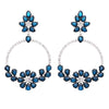 Hypoallergenic Statement Crystal Flower Embellished Rhinestone Dangle Hoop Earrings (Blue)