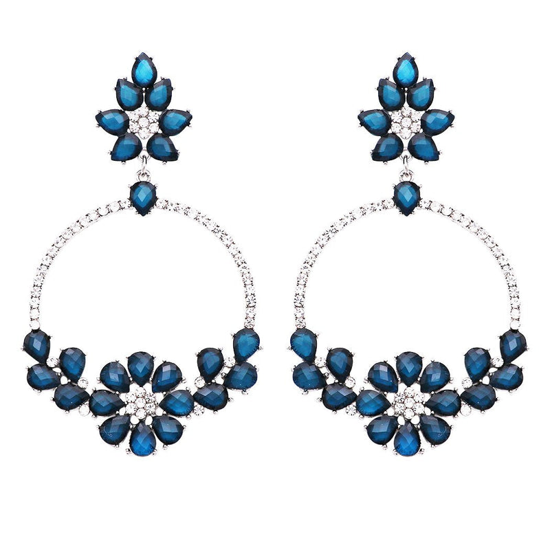 Hypoallergenic Statement Crystal Flower Embellished Rhinestone Dangle Hoop Earrings (Blue)