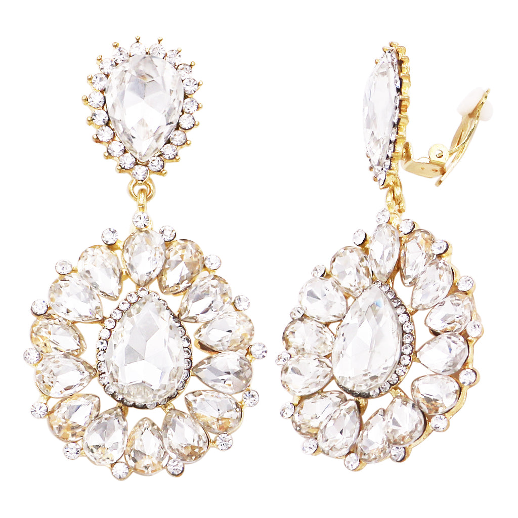 Stunning Crystal Rhinestone Dramatic Long Clip On Style Earrings, 3