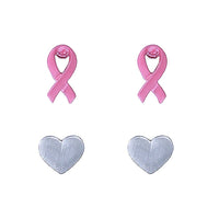 Women's Breast Cancer Pink Ribbon and Heart Hypoallergenic Post Stud Earrings Gift Set of 2