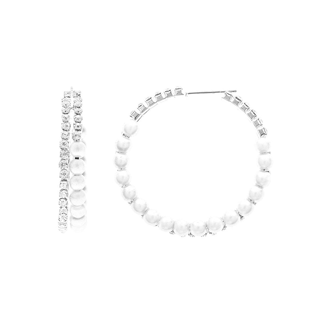 Dazzling Crystal and Simulated Pearl Hoop Hypoallergenic Post Earrings, 30mm