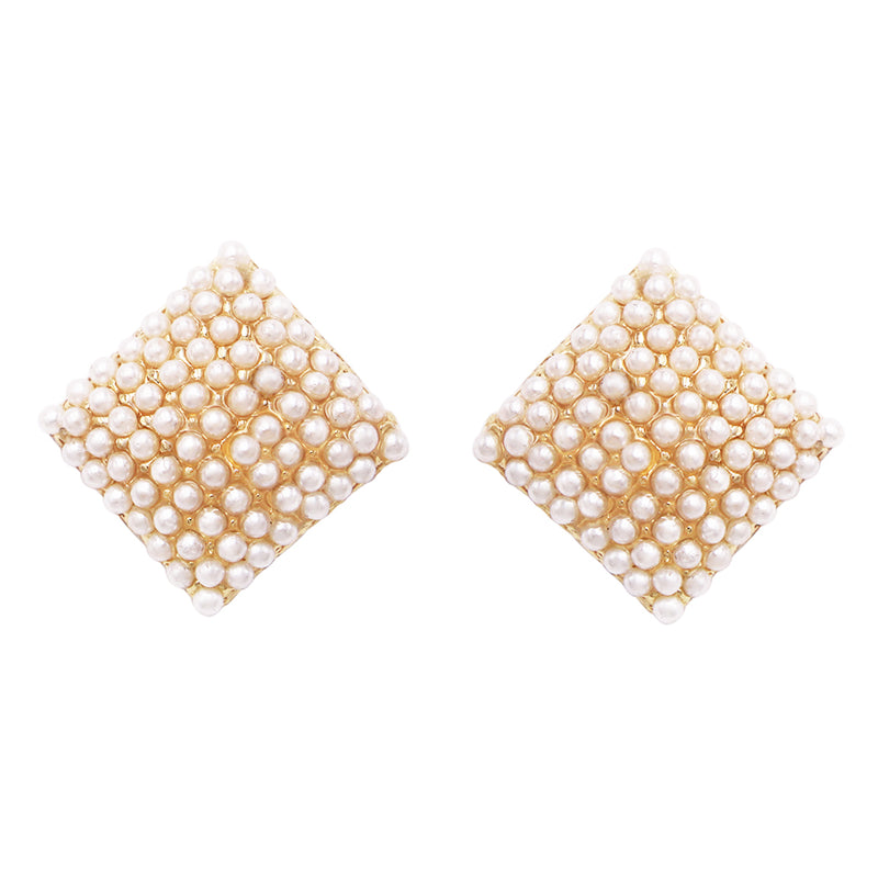 Timeless Classic Simulated Pave Pearl Cluster Hypoallergenic Stud Earrings, 0.35" (Square Shape Gold Tone)