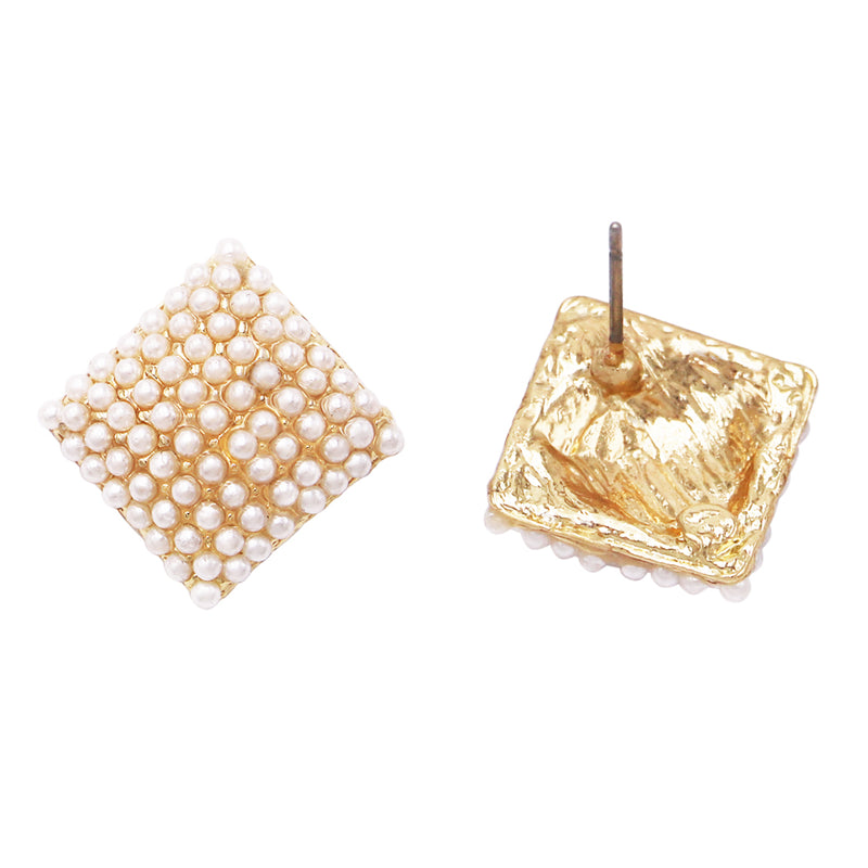 Timeless Classic Simulated Pave Pearl Cluster Hypoallergenic Stud Earrings, 0.35" (Square Shape Gold Tone)