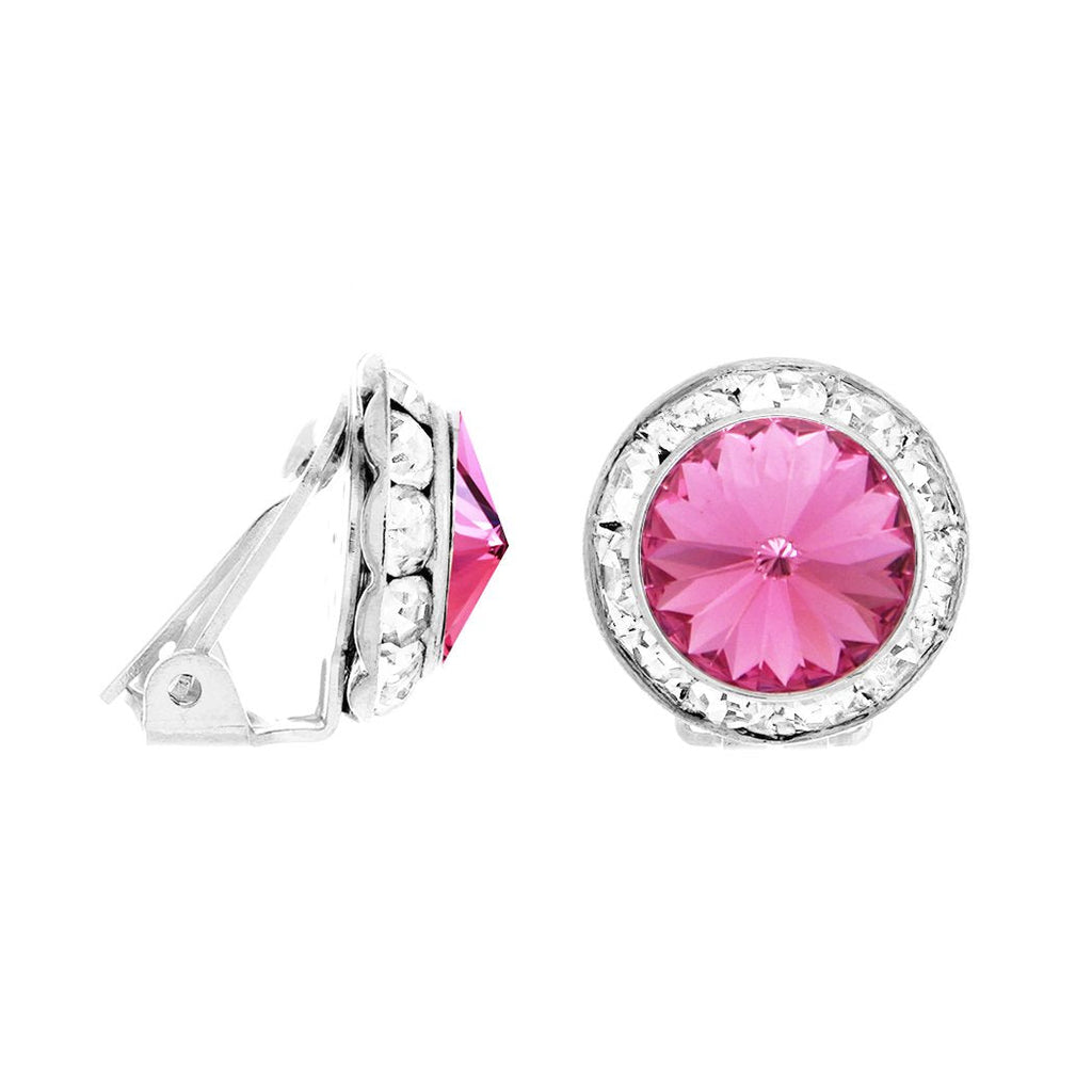 Timeless Classic Statement Clip On Earrings Made with Swarovski Crystals, 15mm-20mm (15mm, Rose Pink Silver Tone)