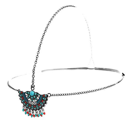 Boho Style Fringe Head Chain Headband (Red Turquoise Fan Style/Silver Tone)