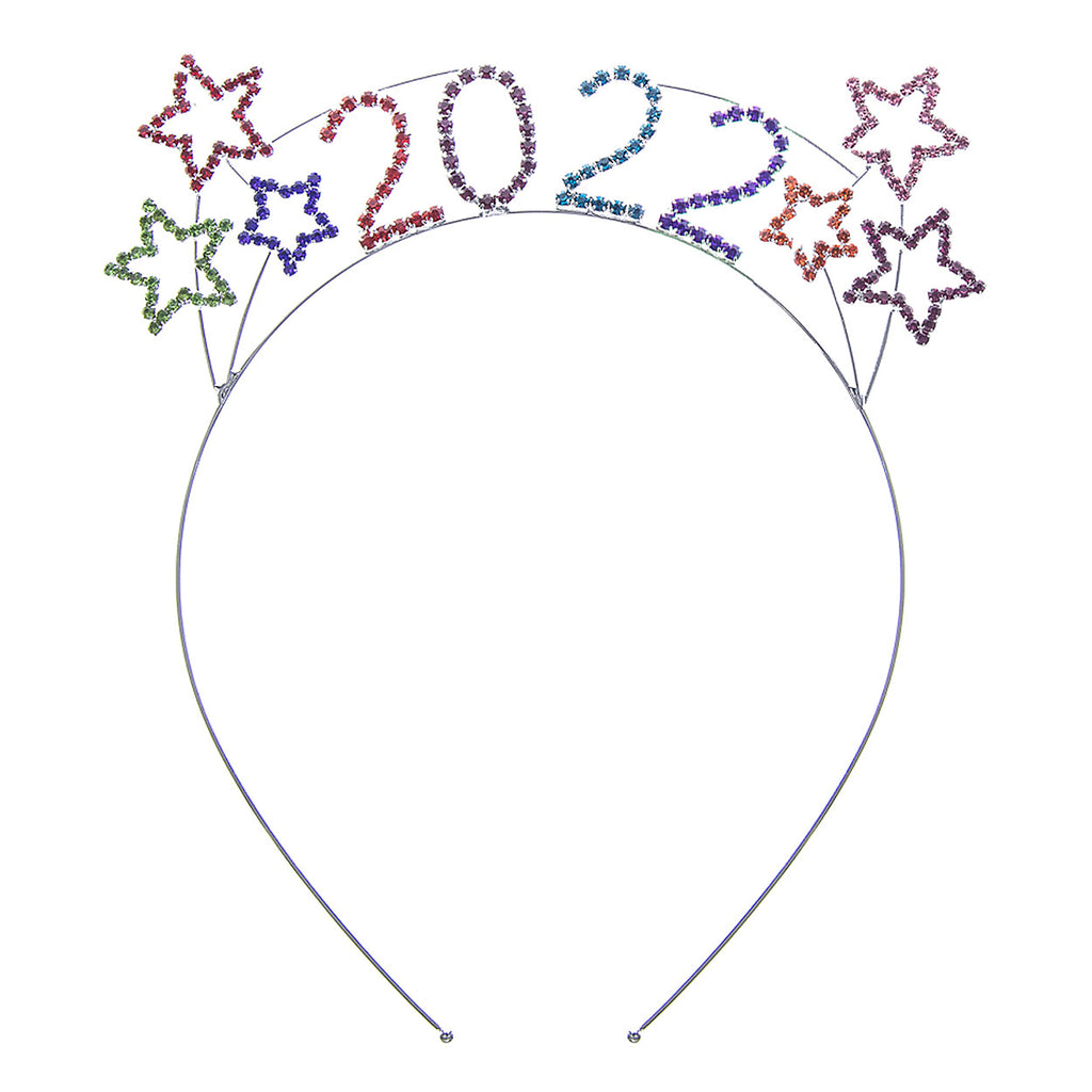 Sparkly Rhinestone New Year's Tiara Headband (2022 Stars Multicolored Crystal Silver Tone)