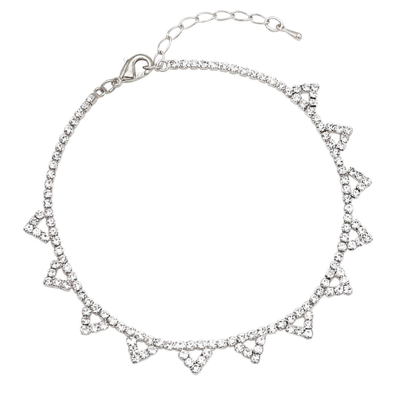 Rhinestone Crystal Adjustable Ankle Bracelet With Triangle Detail (Silver)