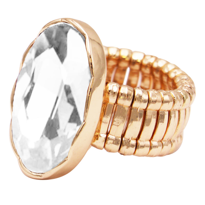 Statement Oval Crystal Stretch Cocktail Ring (Gold Tone Clear Crystal)