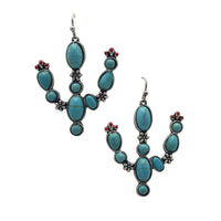 Cowgirl Glam Western Style Semi Precious Howlite Stone Statement Cactus Dangle Earrings, 2" (Turquoise Blue With Pink Accent)