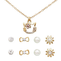 Girl's Crystal Rhinestone Kitty Cat Necklace and 4 Pairs Earrings Jewelry Set (Clear/Gold Tone)