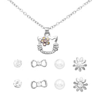 Girl's Crystal Rhinestone Kitty Cat Necklace and 4 Pairs Earrings Jewelry Set (Clear/Silver Tone)