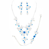 Women's 3 Piece Rhinestone Crystal And Metal Mesh Floral Statement Necklace Bracelet Earring Jewelry Set, 17"+4" Extender (Blue Crystal Silver Tone)