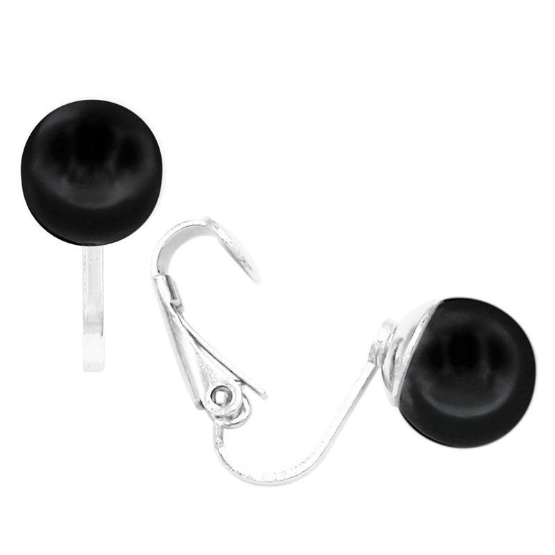 Classic 10mm Simulated Pearl Clip On Statement Earrings (Black/Silver Tone)