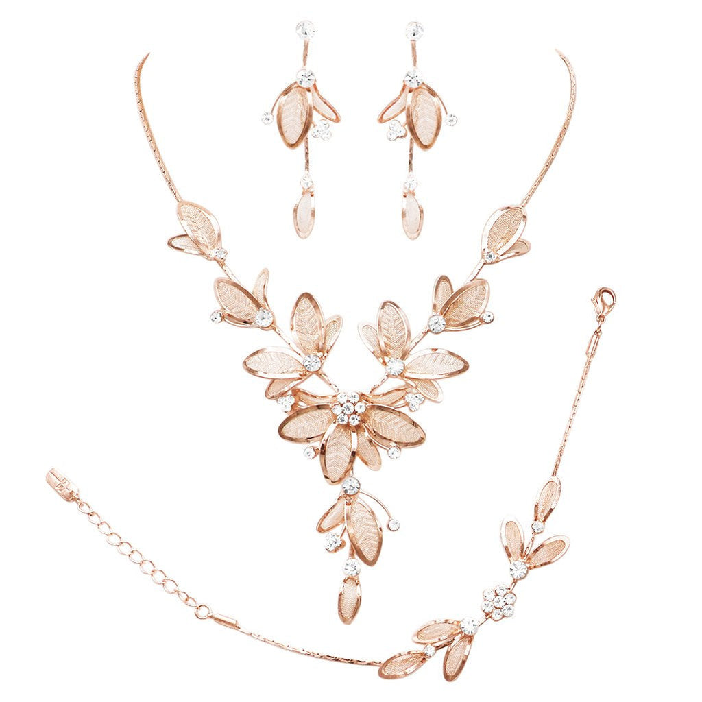 3 Piece Rhinestone And Metal Mesh Floral Statement Necklace Bracelet Earring Set (Clear Crystal Rose Gold Tone)