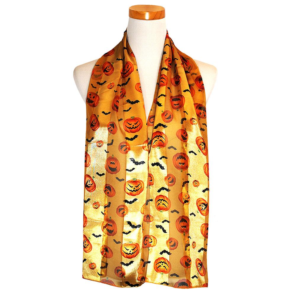 Spooktacular Halloween Fun Print Lightweight Fashion Scarf (Pumpkins And Bats Orange)