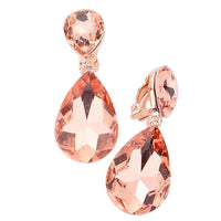 Double Teardrop Statement Glass Crystal Dangle Clip On Bridal Earrings, 2" (Peach Crystal Rose Gold Tone)