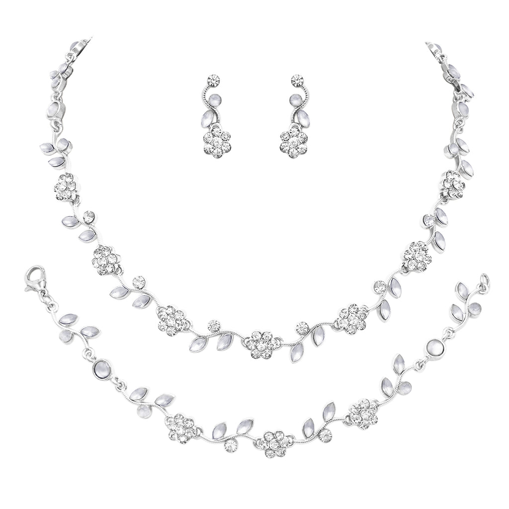 Stunning 3 Piece Metal Vine Crystal Flower Choker Necklace Dangle Earrings Bracelet Bridal Set, 14