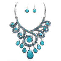 Western Chic Statement Turquoise Howlite Stone And Crystal Rhinestone Swirl Necklace Earring Set, 15"+3" Extender