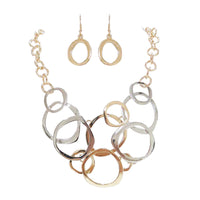 Statement Geometric Rings Two Tone Contemporary Bib Necklace Earrings Set, 12"+3" Extender