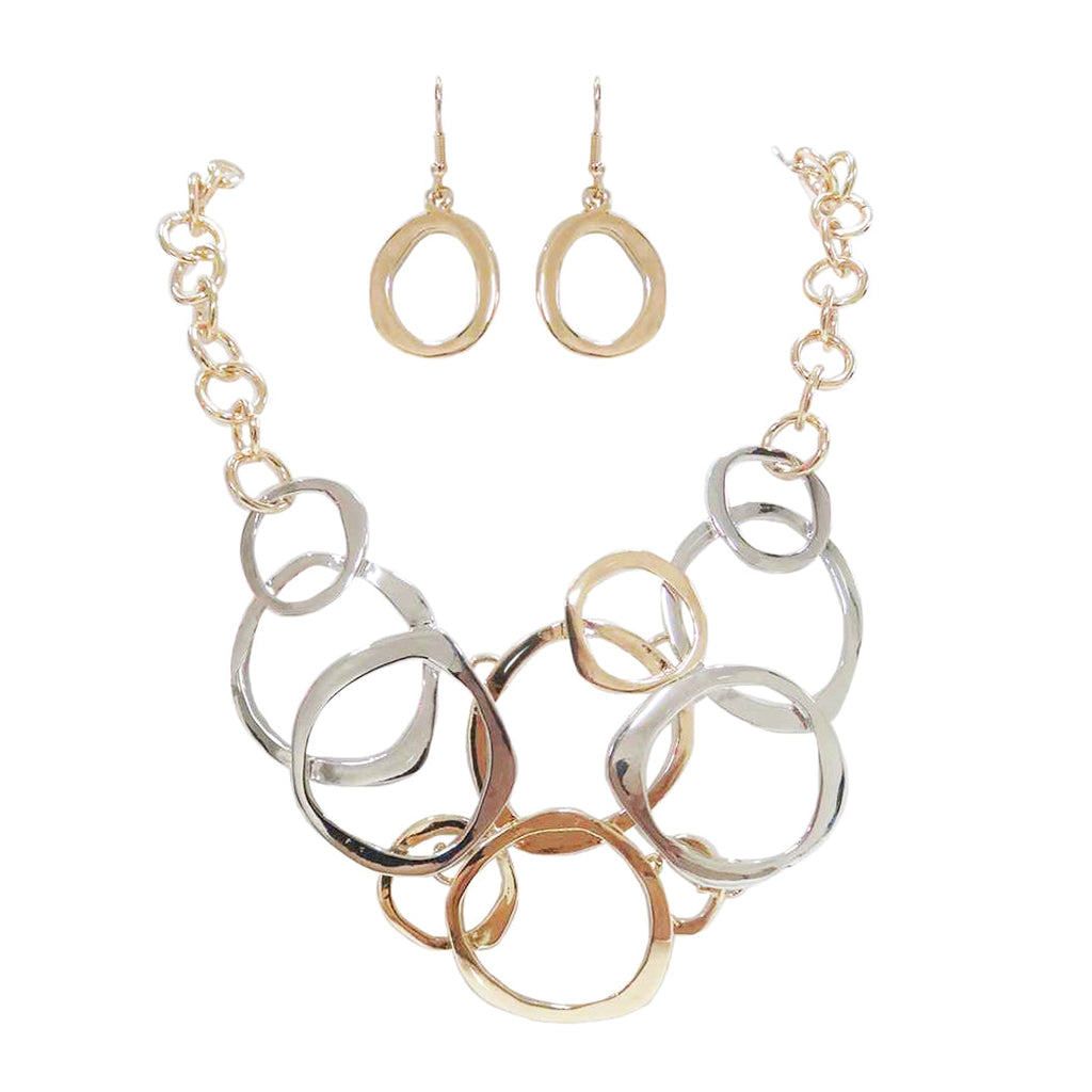 Statement Geometric Rings Two Tone Contemporary Bib Necklace Earrings Set, 12