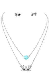 Aqua Stone Whimsical Crab Double Layer Silver Tone Necklace Earrings Set, 16"+3" Extender