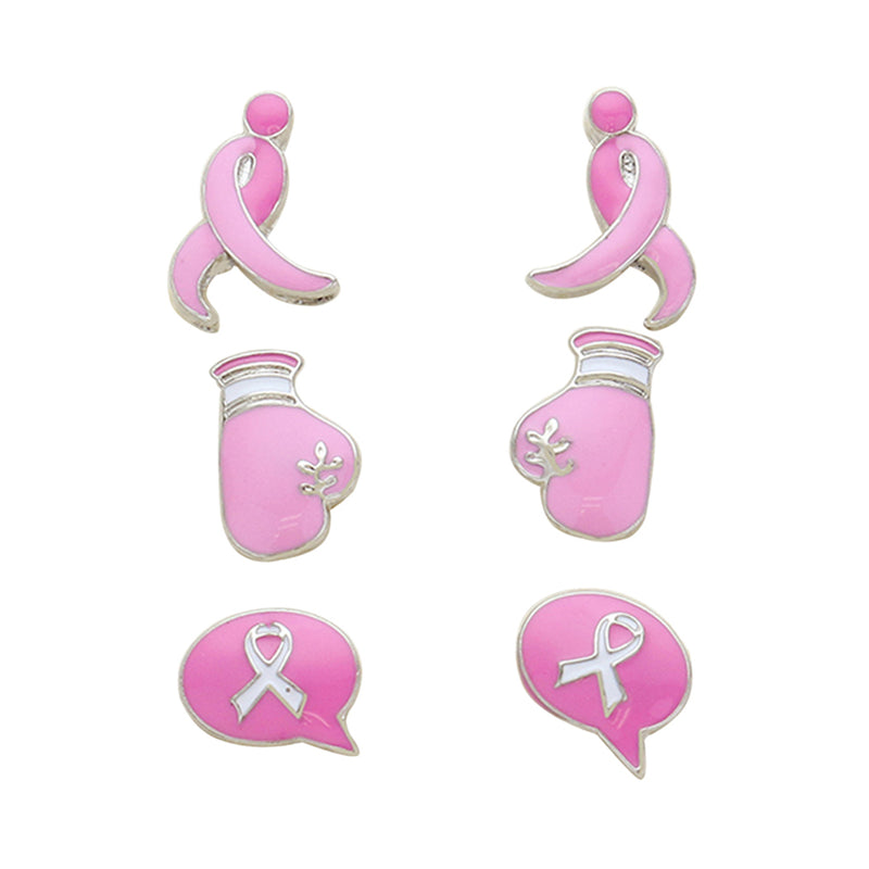 Pink Ribbon Stud Earrings Gift Set of 3 Pink and Silver Tone