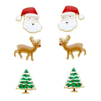 Women's Classic Holiday Fun Christmas Stud Earrings Sets of 3, Santa Rudolph Christmas Tree
