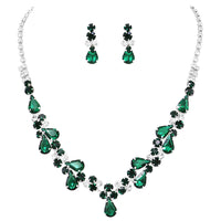 Rhinestone Crystal Teardrop Statement Necklace Hypoallergenic Drop Earrings Set, 15"-21" with 6" Extender (Emerald Green Silver Tone)