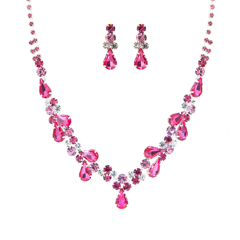 Stunning Rhinestone Crystal Teardrop Statement Necklace Hypoallergenic Drop Earrings Set, 15"+6" Extender (Rose Pink Silver Tone)