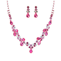 Stunning Rhinestone Crystal Teardrop Statement Necklace Hypoallergenic Drop Earrings Set, 15"+6" Extender (Rose Pink Silver Tone)