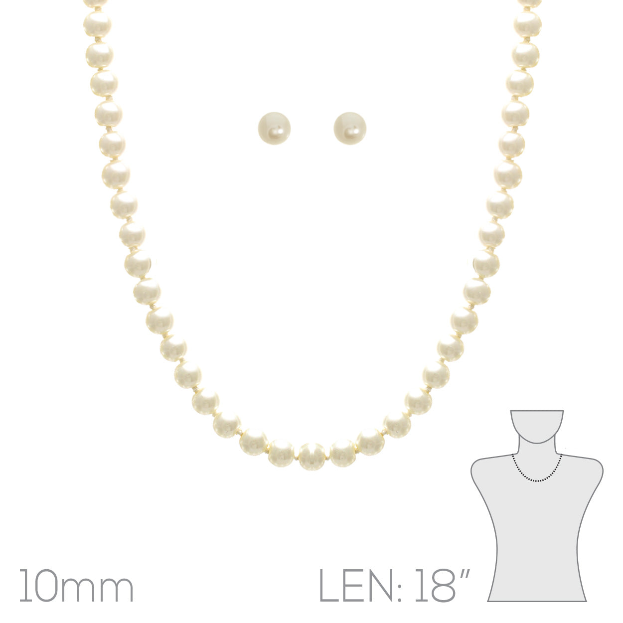 Classic Knotted Glass 10mm Pearl Necklace Strand And Hypoallergenic Post Earrings Set, 18"+3" Extender (Cream Gold Tone 18"-21" 10mm)