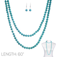 Beautiful Western Inspired Howlite 8mm Knotted Bead Strand Clasp-less Necklace Dangle Earrings Gift Set (60 Inches, Turquoise Blue Howlite Bead)