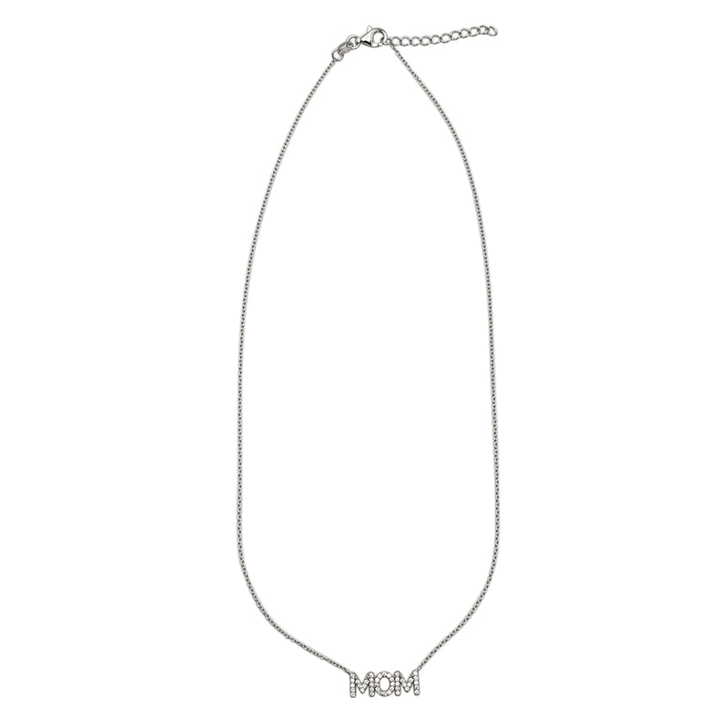 Dainty Sterling Silver Cable Chain With Cubic Zirconia Pave Crystal Mom Pendant Gift Necklace, 16"+1.25" Extender