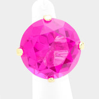 Women's Stunning Round Cut Fuchsia Pink Crystal On Gold Tone Stretch Band Statement Cocktail Ring Barbie Costume Jewelry Bling, 1.5"