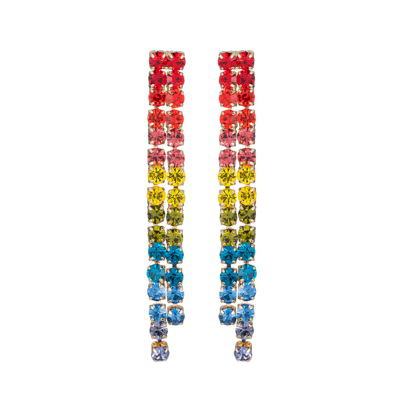 Sparkling Rainbow Crystal Rhinestone Strand Shoulder Duster Hypoallergenic Statement Earrings (6mm Double Strand, 4")