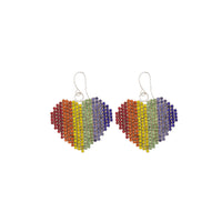 Stunning Rainbow Crystal Rhinestone Hearts Friendship Gifting Pride Love Silver Tone Dangle Earrings, 1.61"