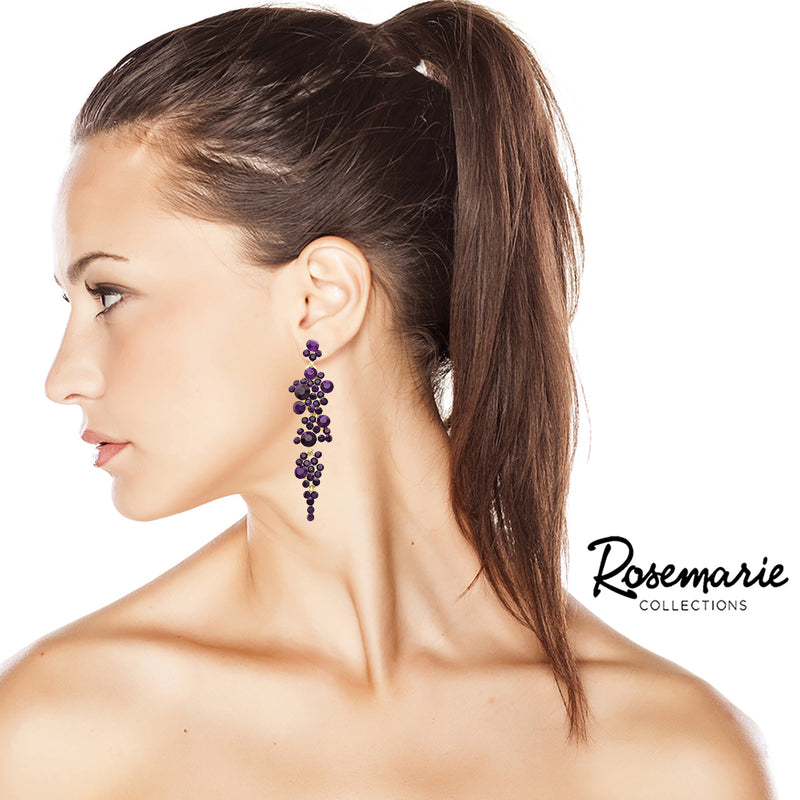 Crystal Rhinestone Bubble Dangle Statement Earrings, 3.25" (Dark Purple Gold Tone)