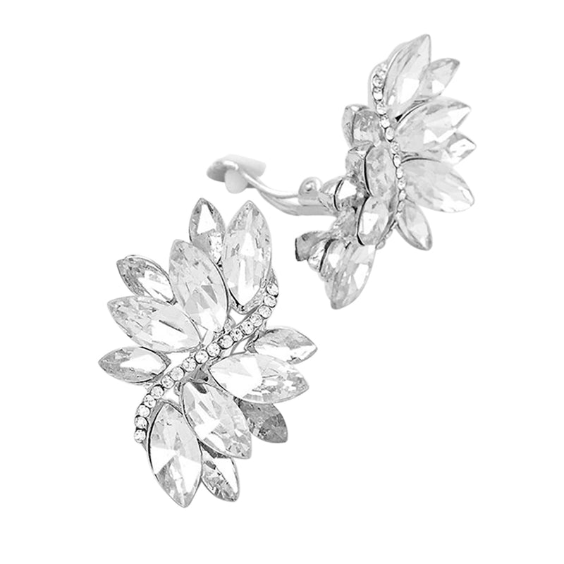 Dazzling Crystal Marquis Leaf Cluster Statement Clip On Earrings, 1.87"