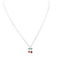 Cherry Pendant Necklace, Silver-Dipped Cubic Zirconia with Red Crystal Cherries, Green Crystal Leaves, Tarnish Resistant, 16 Inch With 2.5 Inch Extender
