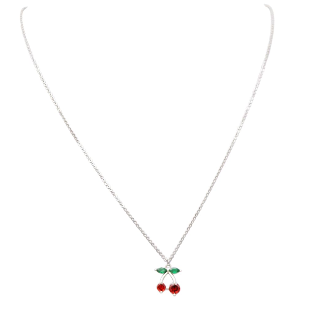 Cherry Pendant Necklace, Silver-Dipped Cubic Zirconia with Red Crystal Cherries, Green Crystal Leaves, Tarnish Resistant, 16 Inch With 2.5 Inch Extender
