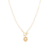 Stunning 18K Gold Dipped Puffy Heart Charm and Toggle Clasp With Faux Pearls Necklace, 18"