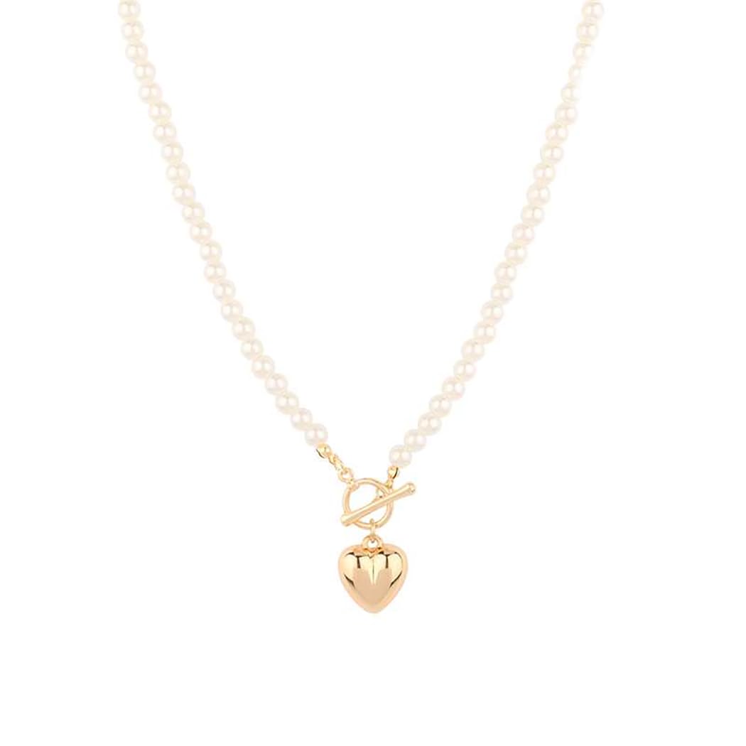 Stunning 18K Gold Dipped Puffy Heart Charm and Toggle Clasp With Faux Pearls Necklace, 18"