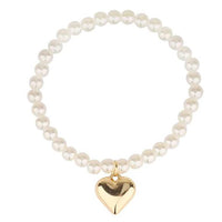 Stretch Faux Pearl Dangle Charm Bracelet (Gold Puffy Heart Charm)