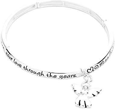 Women's Inspirational Quotes With Dangling Charm Silver Tone Stretch Bangle Bracelet, 2.5" (May God Bless Mom)