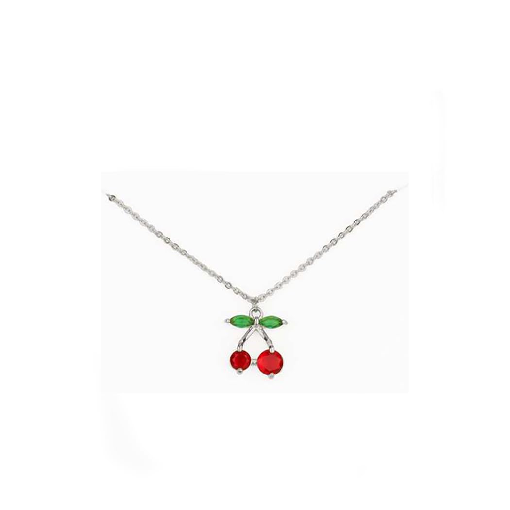 Cherry Pendant Necklace, Silver-Dipped Cubic Zirconia with Red Crystal Cherries, Green Crystal Leaves, Tarnish Resistant, 16 Inch With 2.5 Inch Extender