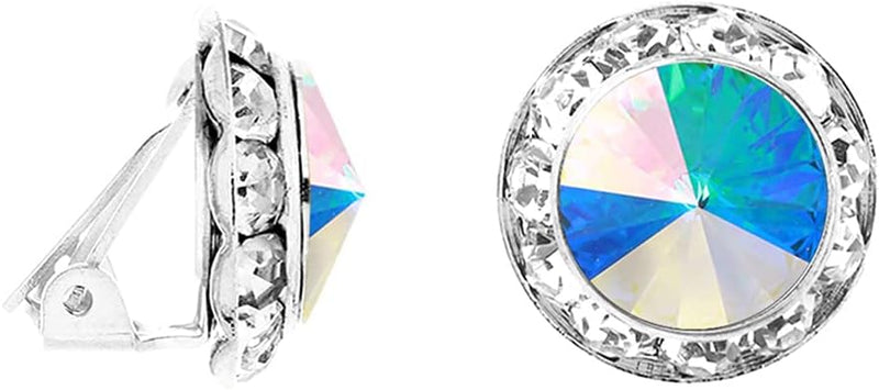 Timeless Classic Statement Clip On Earrings Made With Swarovski Crystals, 15mm-20mm (20mm, AB Crystal Silver Tone)