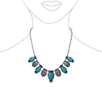 Western Style Statement Choker Necklace, Turquoise Blue Howlite Teardrop Stones, Burnished Silver Tone
