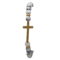 Matte White Marble Howlite Beaded Stretch Bracelet with Gold Tone Sideways Cross, Size 7 (For Small Wrists)