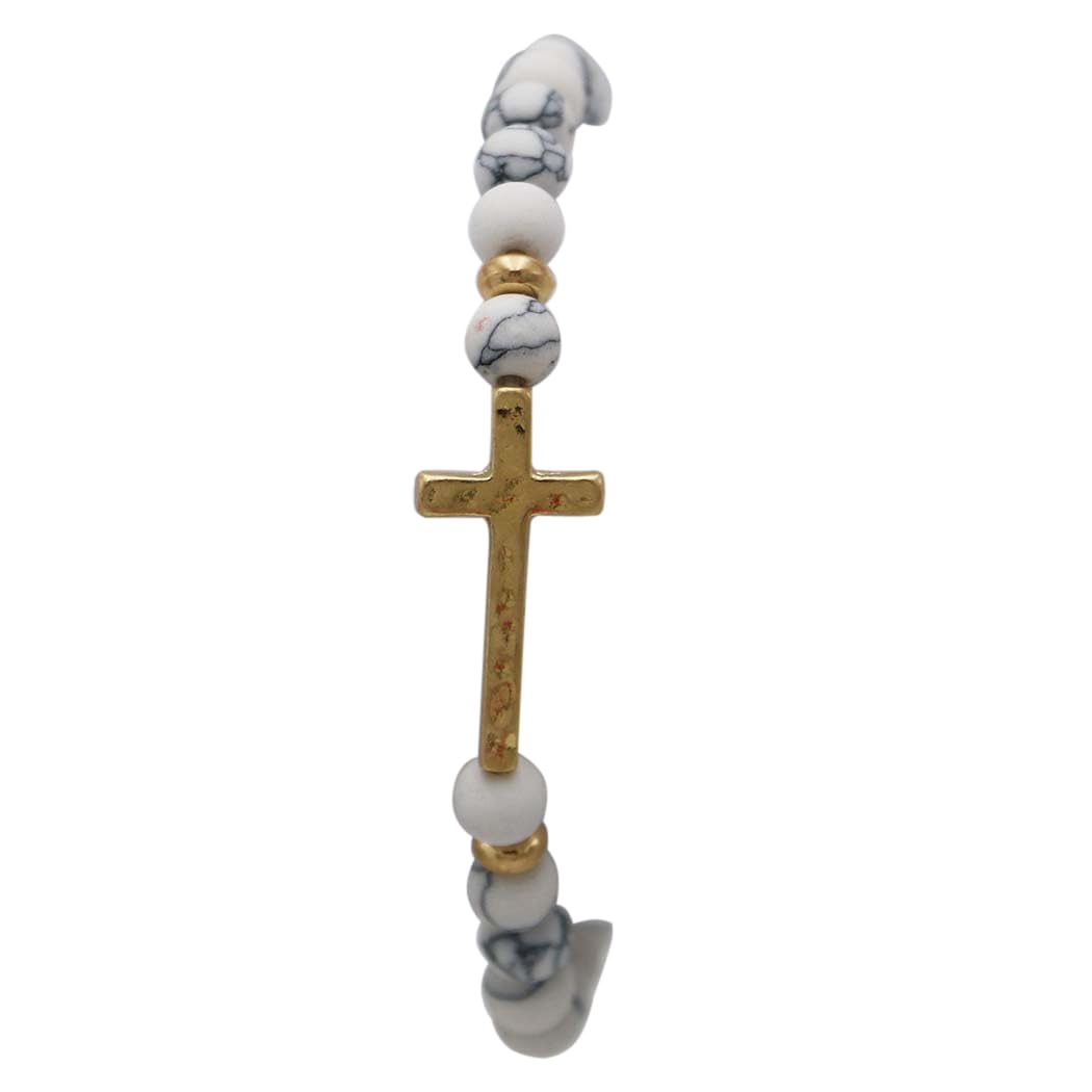 Matte White Marble Howlite Beaded Stretch Bracelet with Gold Tone Sideways Cross, Size 7 (For Small Wrists)