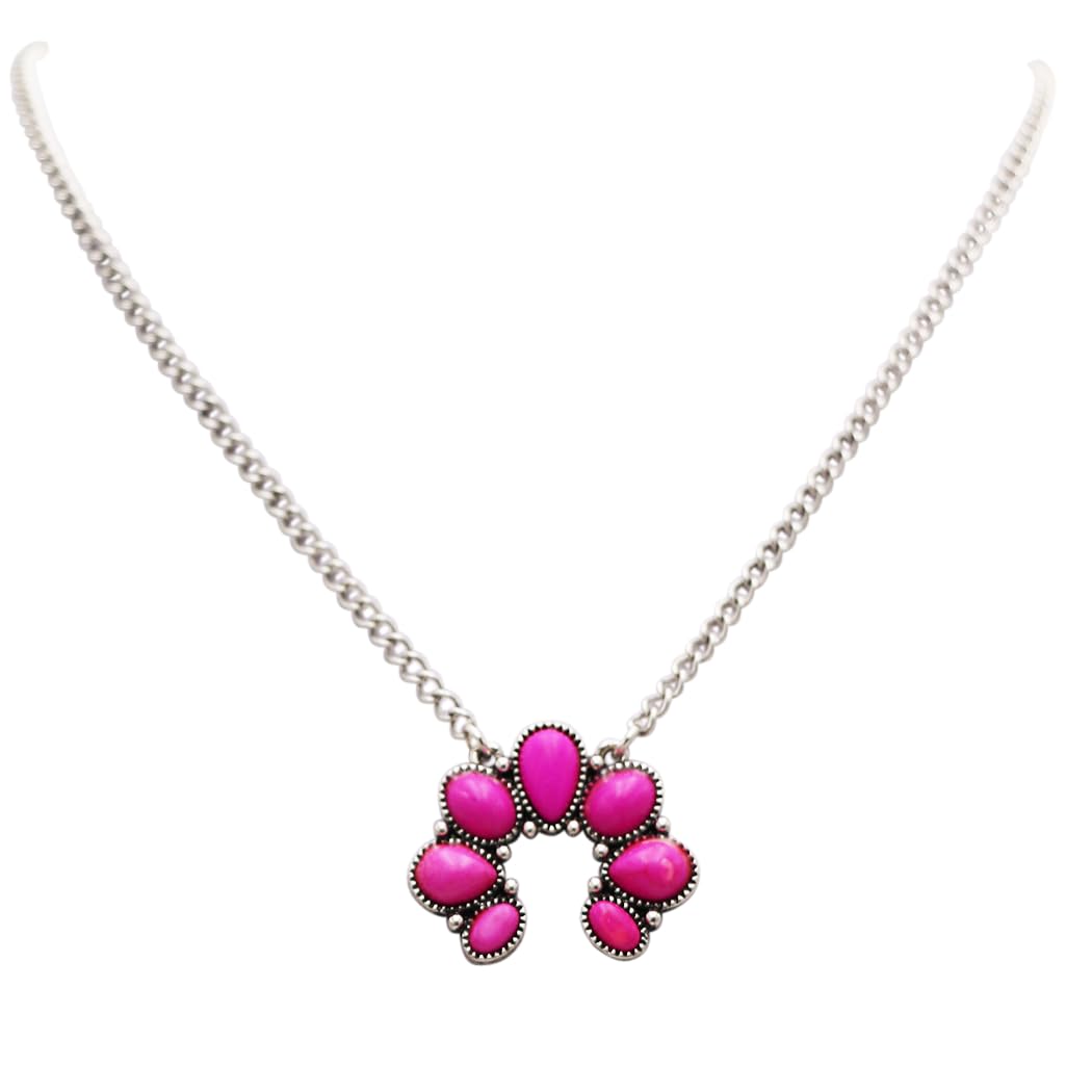 Western Style Squash Blossom Necklace, White Howlite Stone Pendant with Silver Alloy Chain, 16 Inch with 3 Inch Extender (Silver Burnished Hot Pink)